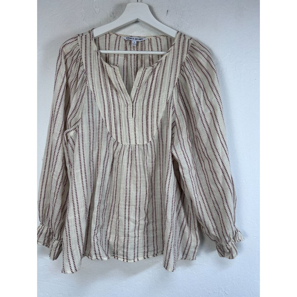 Elizabeth And James Womens Striped Peasant Blouse Medium Cotton Beige Burgundy